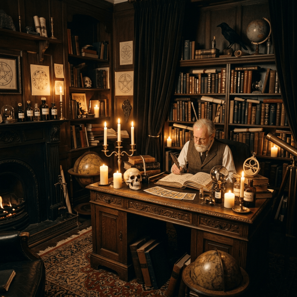 Elderly man writing in a large book surrounded by candles, skulls, tarot cards, and old books in a dark Victorian library