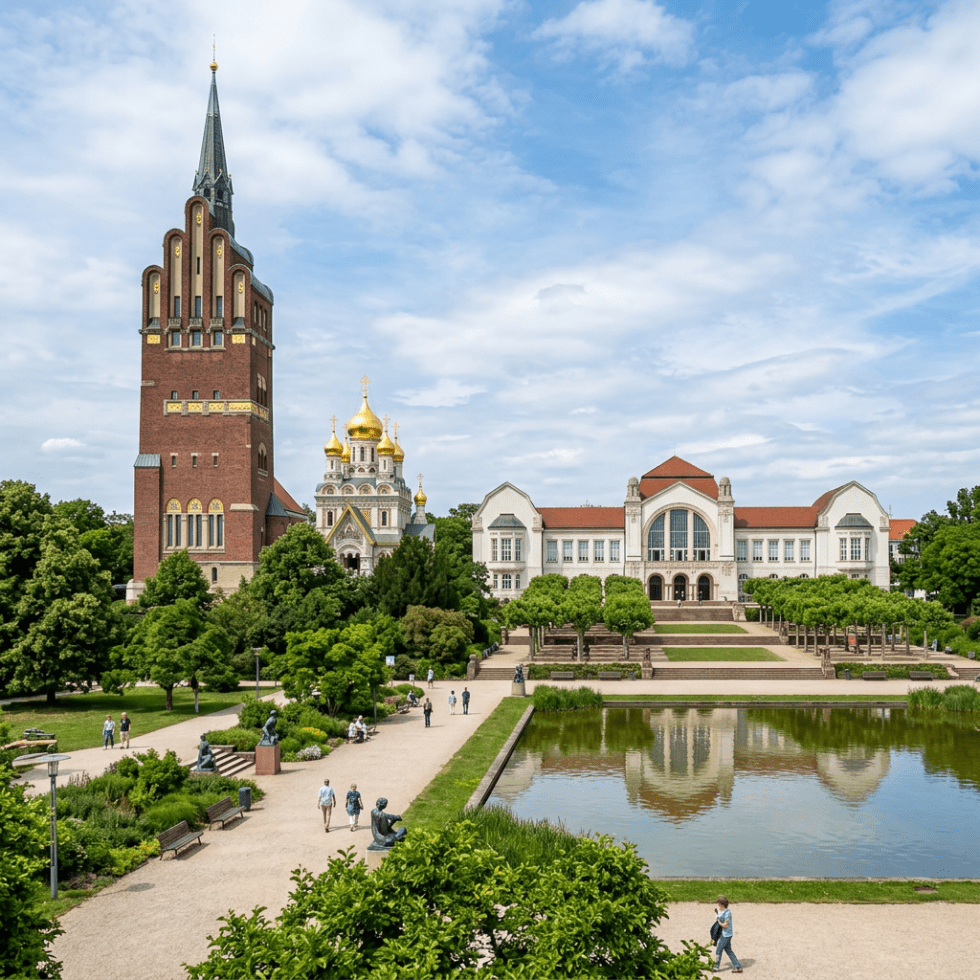 Historic buildings next to a garden and pond with people walking on paths